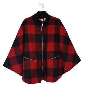 Le Moda Cape Coat Plaid Zipper Pockets & Ribbed Collar Womens Outerwear One Size